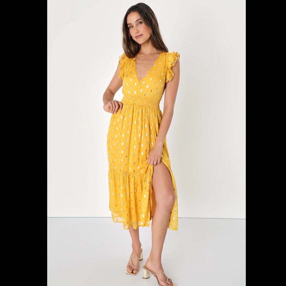 Lulus Yellow and Gold Dot Ruffled Tiered Midi Dress